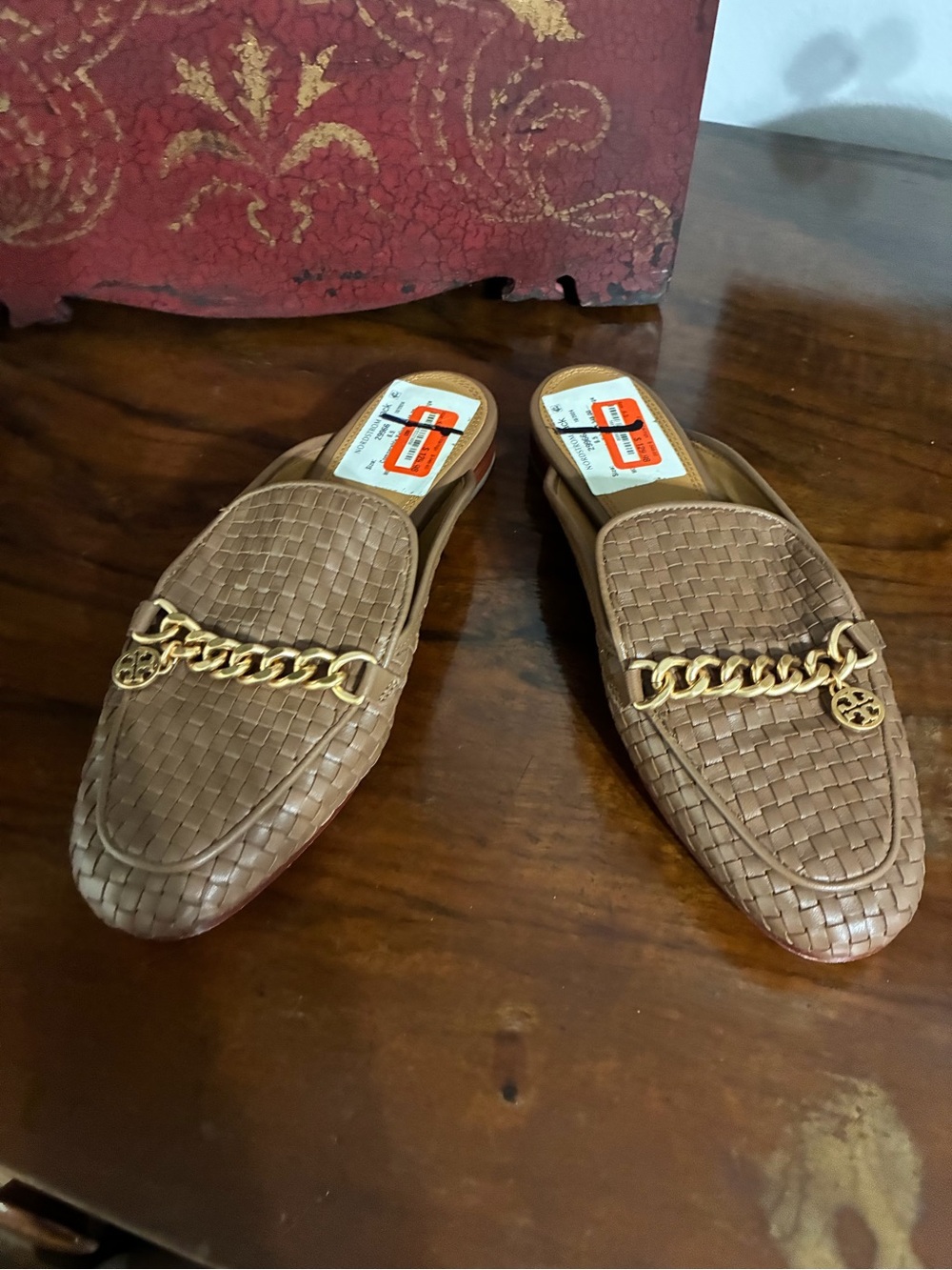 Tory Burch Woven Leather Slide Loafers with Gold Chain - Brown